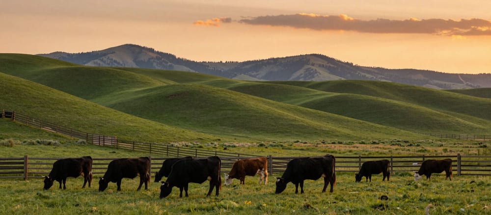 Cattle grazing along a fence line below green hills, under an orange evening sky